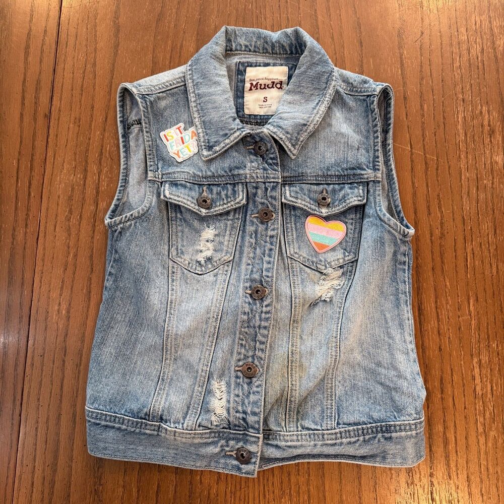 Mudd Juniors S Distressed Denim Vest Patches Light Wash Y2K Grunge Festival